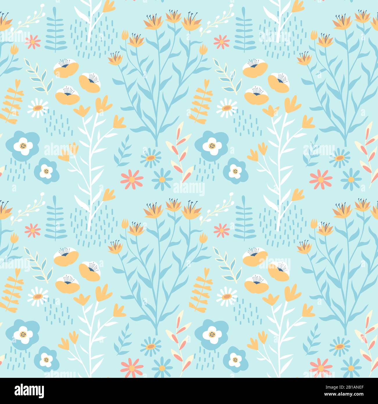 Cute spring flower seamless pattern with beautiful hand drawn wild floral decoration on isolated background. Romantic season wallpaper illustration. Stock Vector