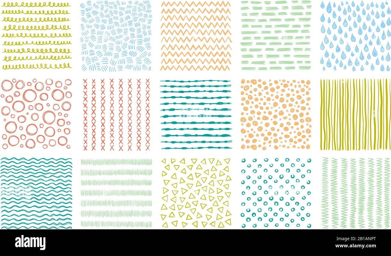 Hand drawn textures. Scribble pattern, curved lines patterns and lined texture vector background set Stock Vector