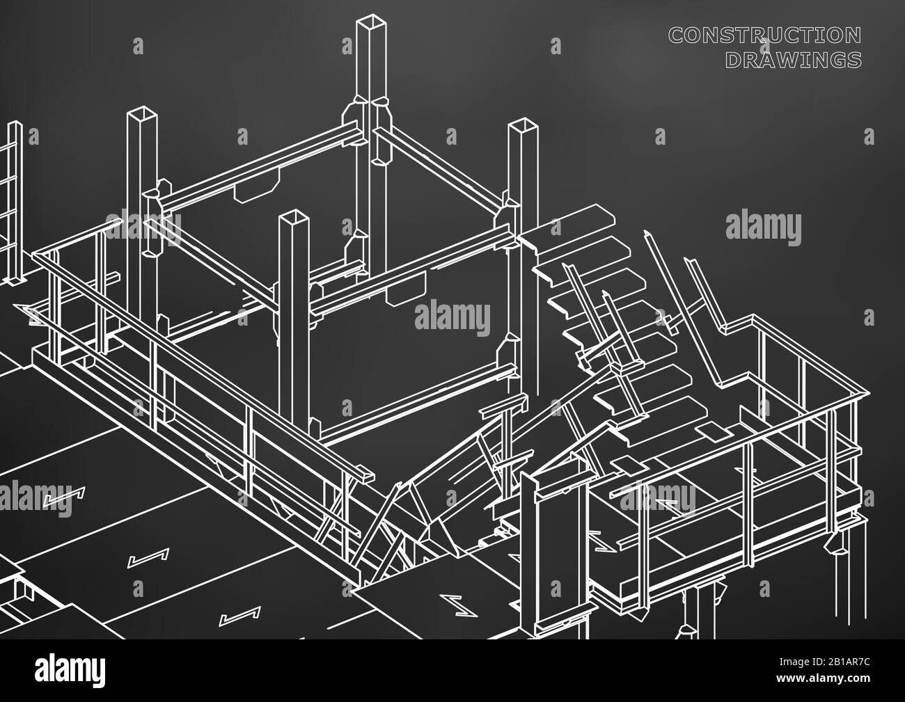 Building. Metal constructions. Volumetric constructions. Black background Stock Vector