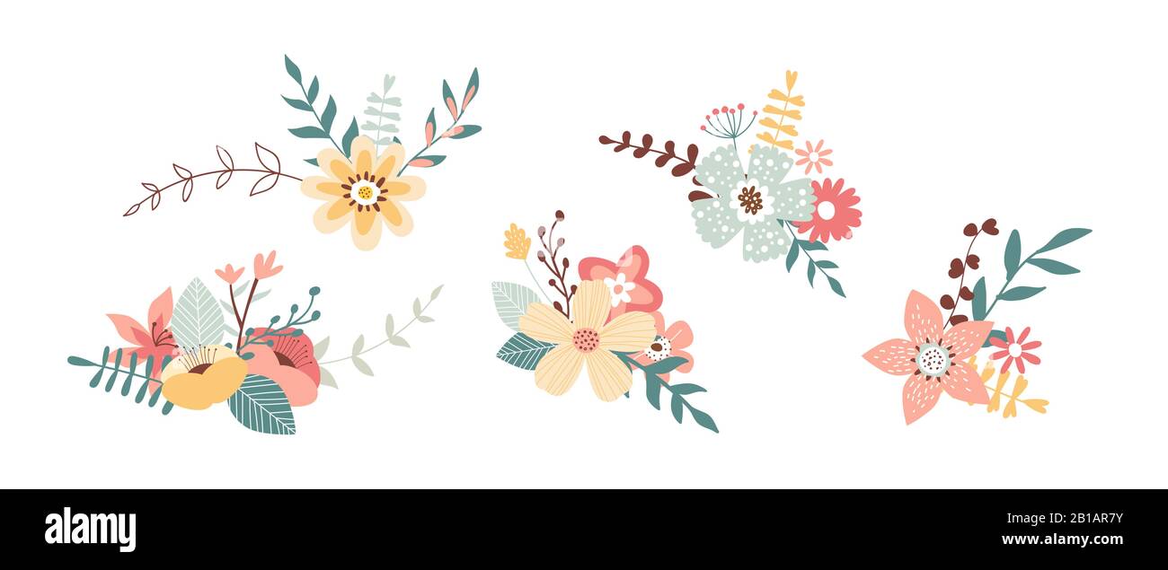 Flower bouquet or corsage arrangement collection on isolated white background. Beautiful pink pastel floral element set in hand drawn illustration sty Stock Vector