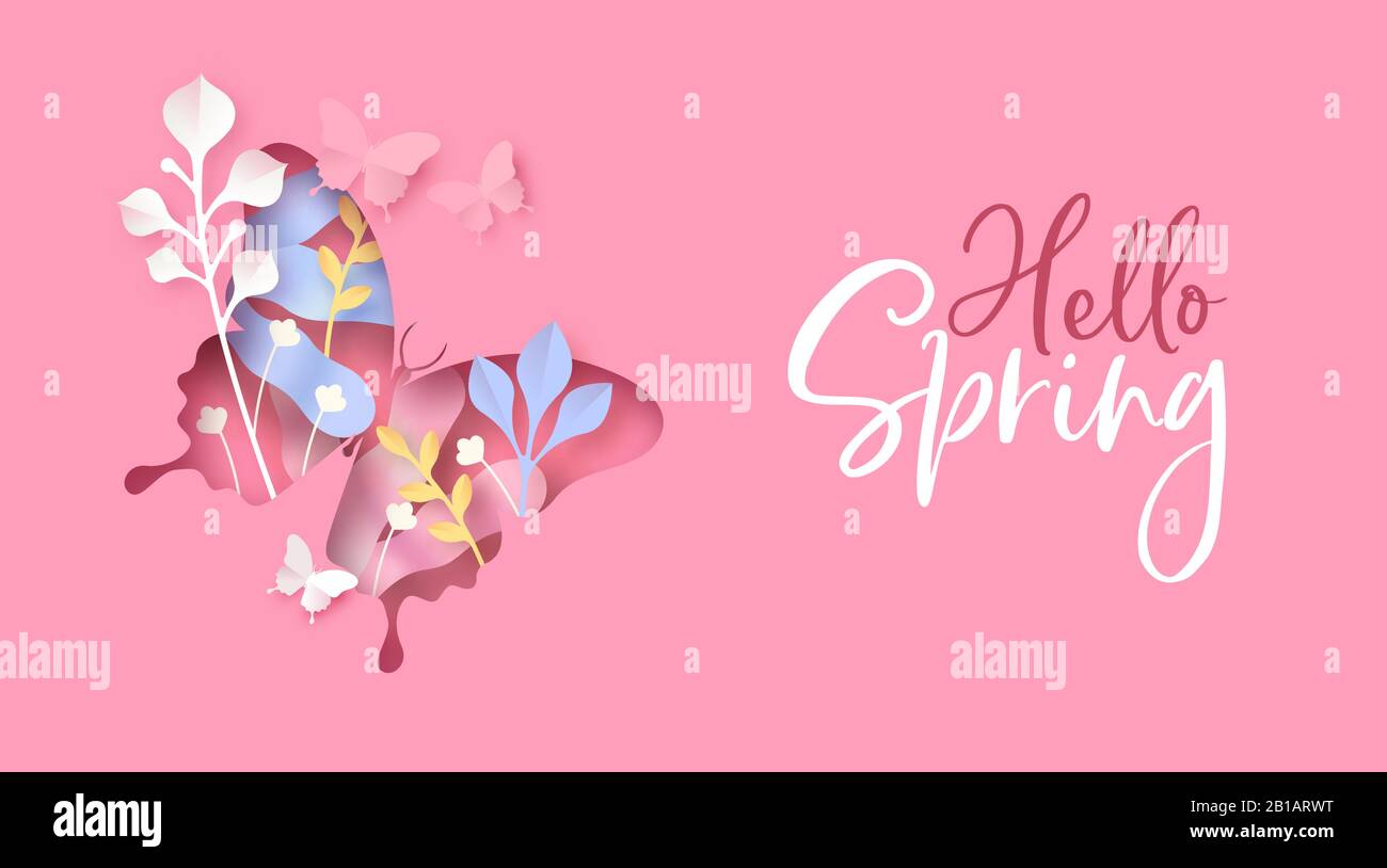 Hello Spring greeting card illustration of cutout butterfly shape with papercut flower and nature decoration on pink background. Stock Vector