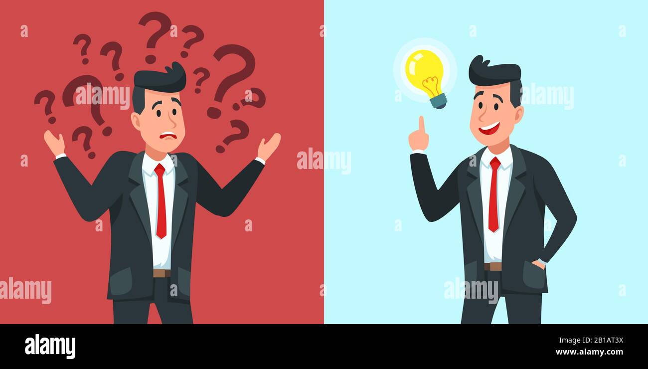 Businessman find idea. Confused business worker wonders and finds solution or solved problem cartoon vector illustration Stock Vector