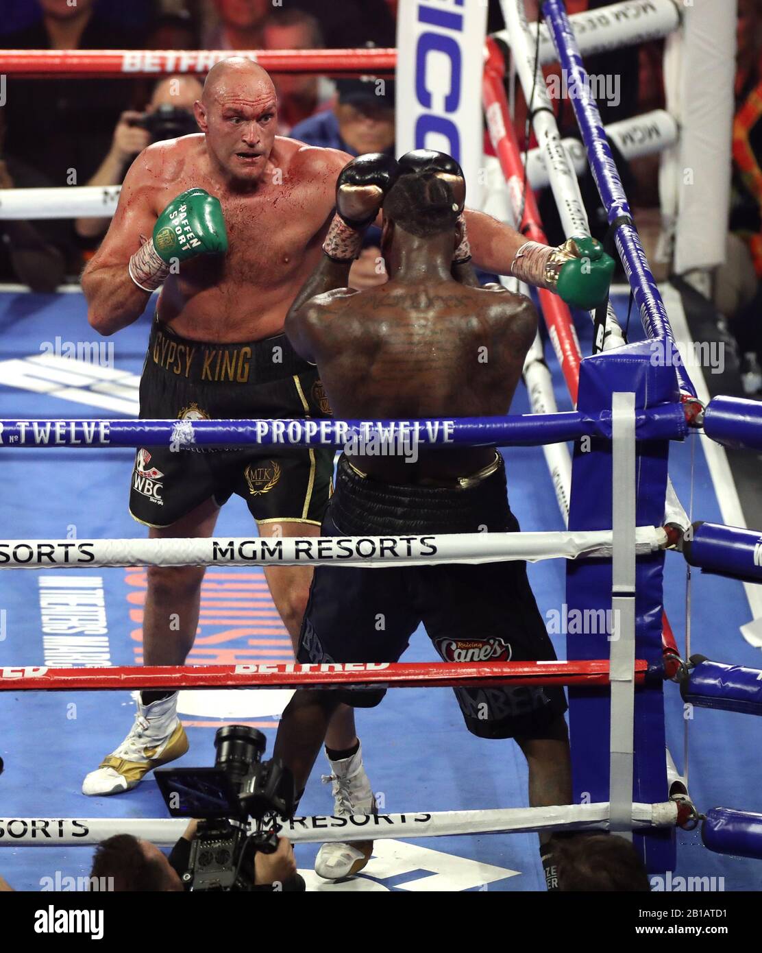 Tyson Fury (left) and Deontay Wilder during the World Boxing Council World Heavy Title bout at the MGM Grand, Las Vegas Stock Photo