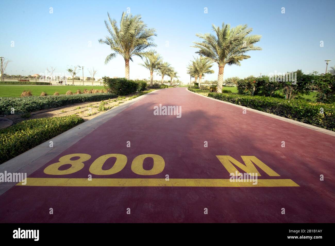 Dubai-Al Barsha Pond Park running track mark 800 M wide Stock Photo
