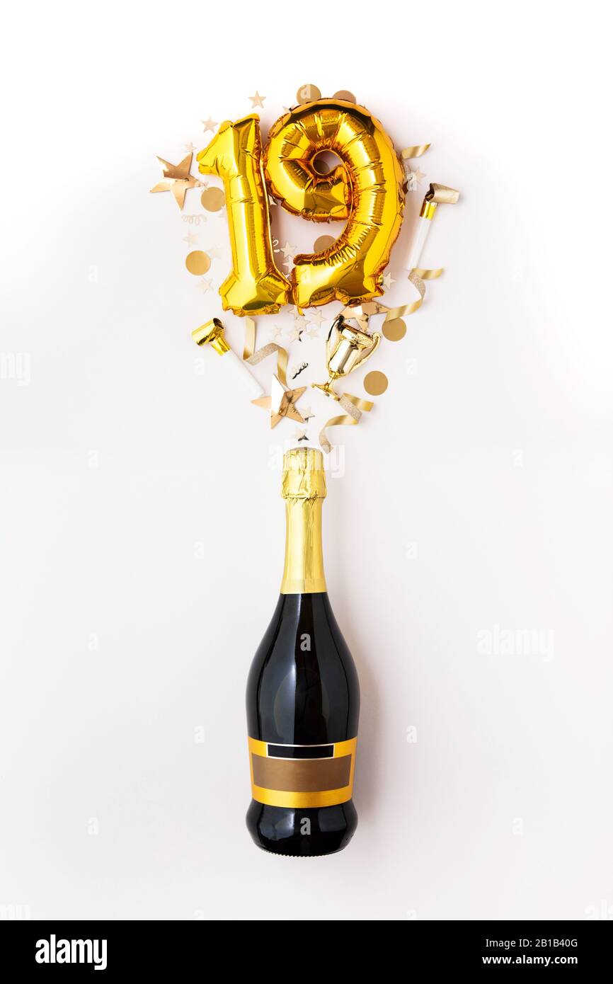 Happy 19th Anniversary Party Champagne Bottle With Gold Number Balloon Stock Photo Alamy