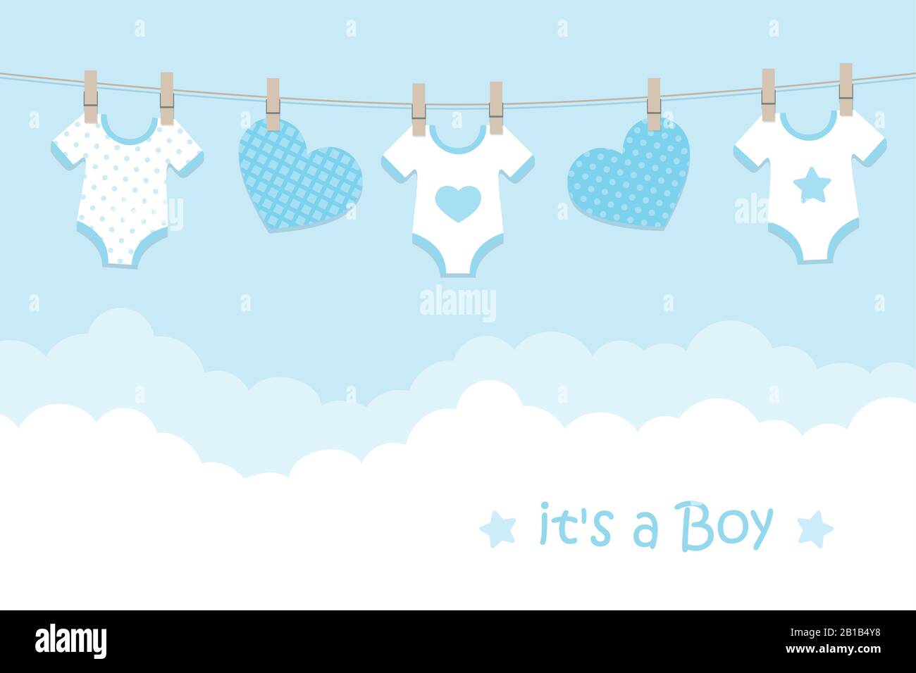 its a boy welcome greeting card for childbirth with hanging hearts and  bodysuits vector illustration EPS10 Stock Vector Image & Art - Alamy