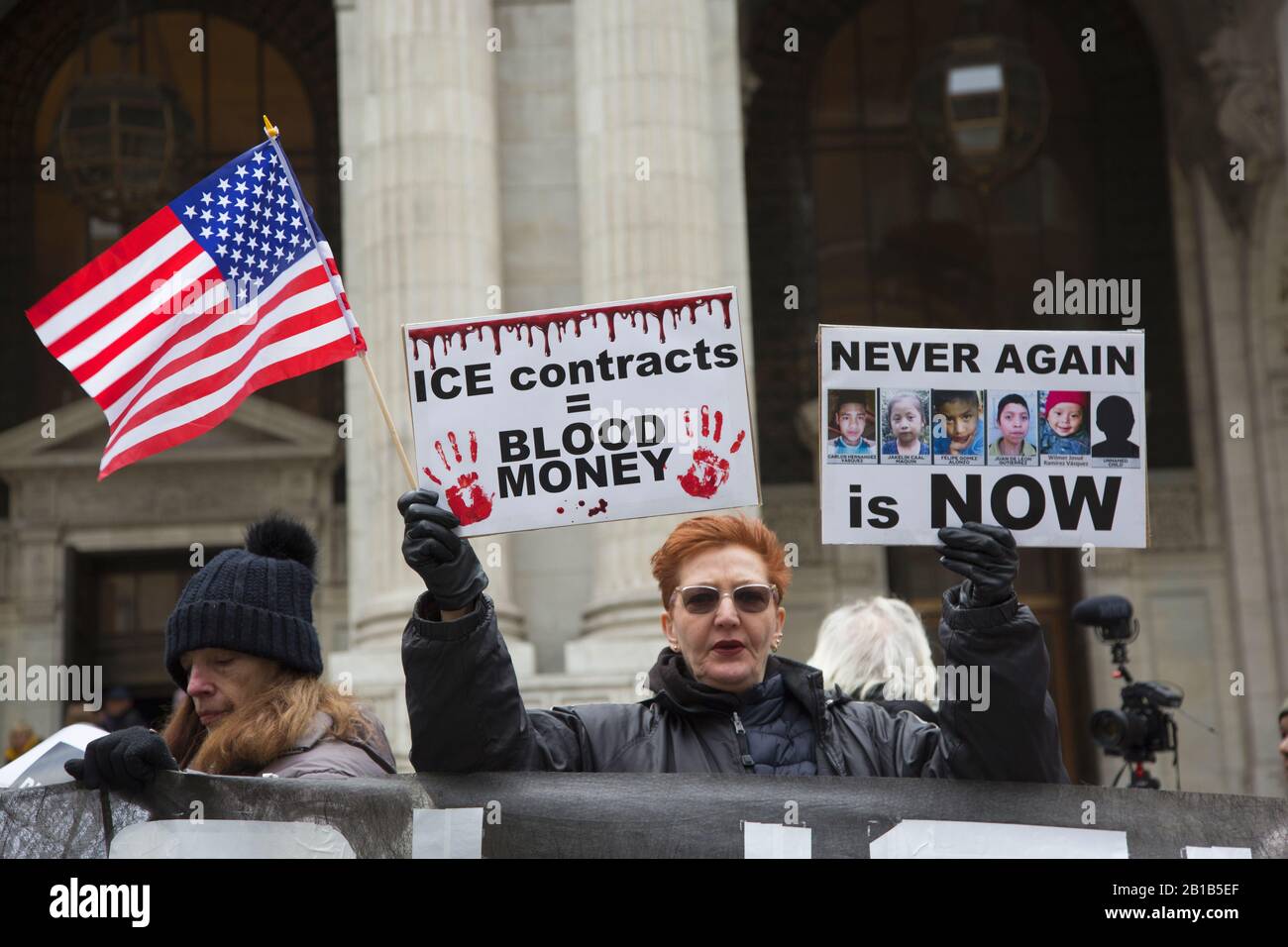 Protesters against the tactics and actions of ICE,(Immigration and Customs Enforcement) demonstrate and march from the steps of the New York Public Library on 5th Avenue in Manhattan, New York City which is declared to be a Sanctuary City. Stock Photo
