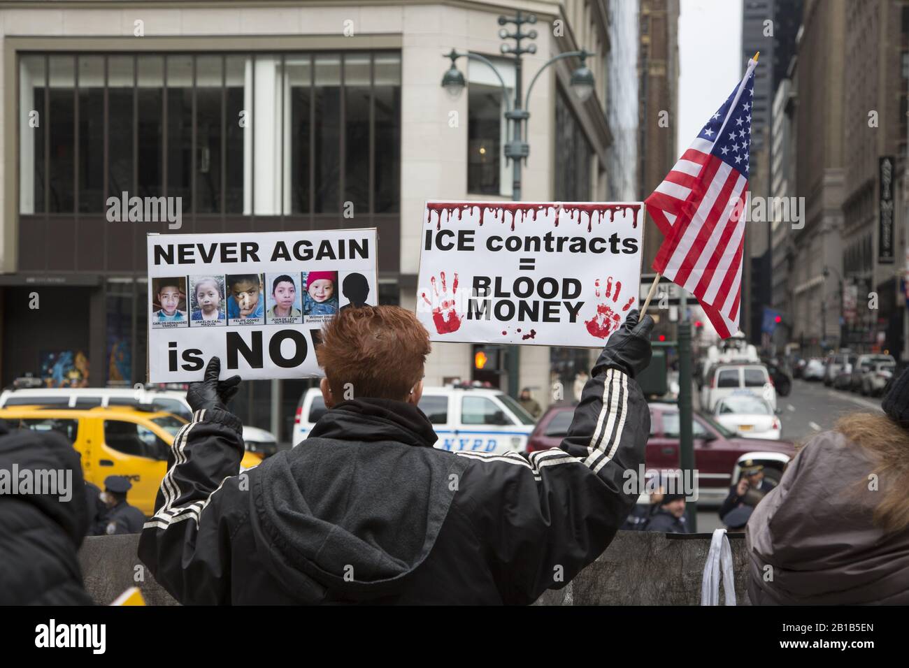 Protesters against the tactics and actions of ICE,(Immigration and Customs Enforcement) demonstrate and march from the steps of the New York Public Library on 5th Avenue in Manhattan, New York City which is declared to be a Sanctuary City. Stock Photo