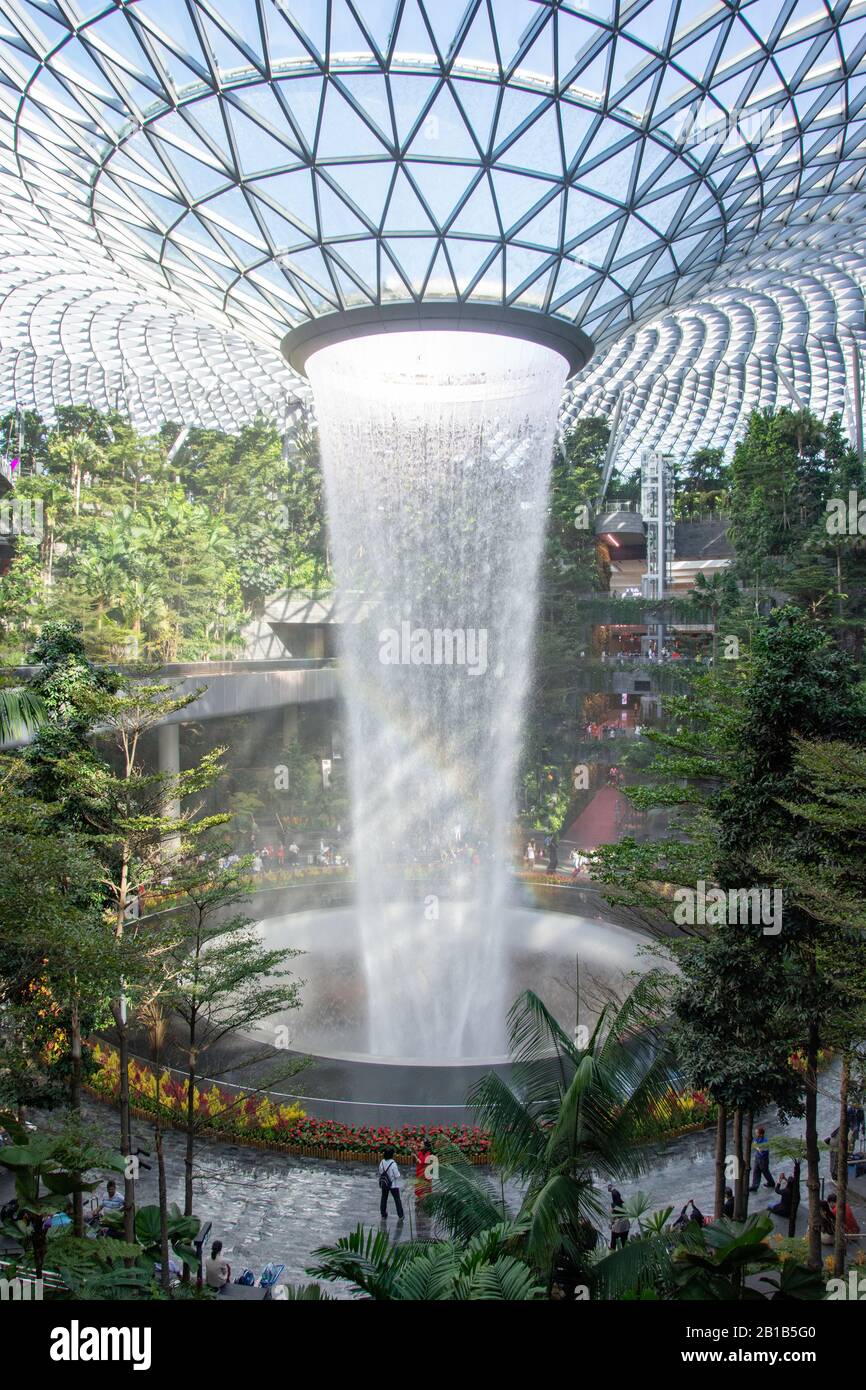 Cascade waterfall at The Shiseido Forest Valley at Jewel Changi Airport, Changi, Singapore Island, Singapore Stock Photo