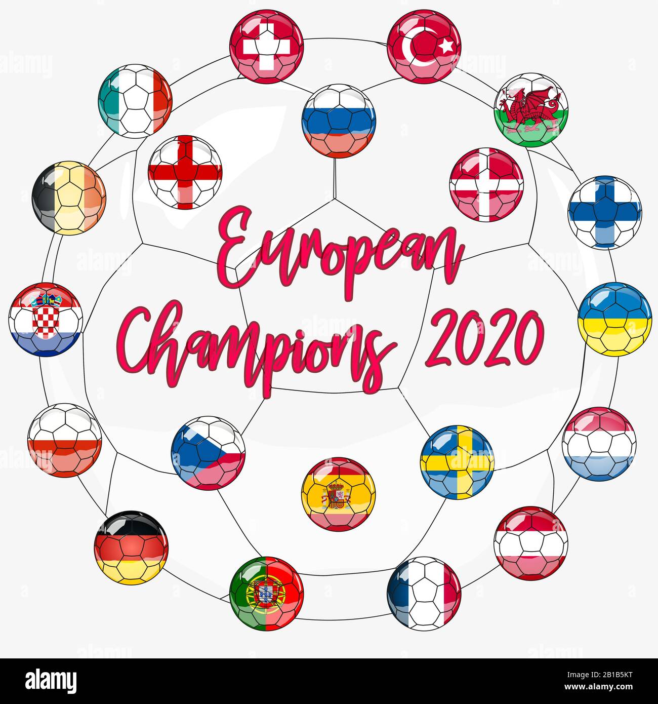 Flags of countries participating in the European Football Championship 2020, soccer ball Stock Vector