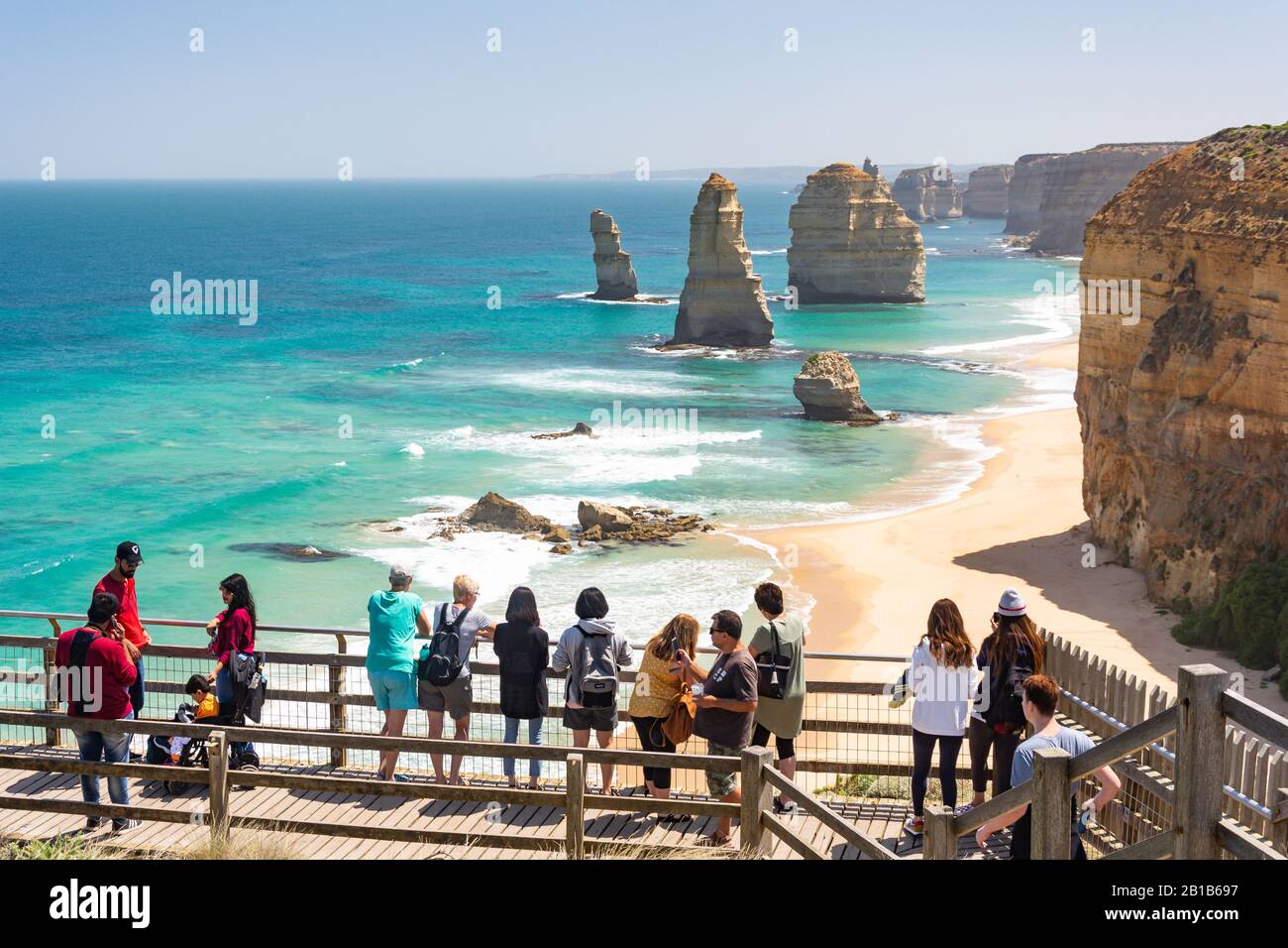 Tourists at lookout, The Twelve Apostles, Port Campbell National Park, Western District, Victoria, Australia Stock Photo