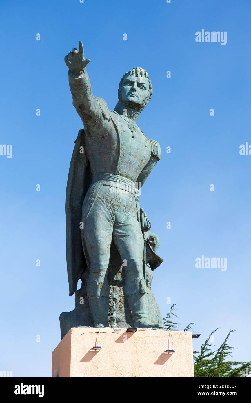 A statue of Bernardo O'Higgins, in Punta Arenas, Chile, he fought for Chilean independence from Spain. Stock Photo