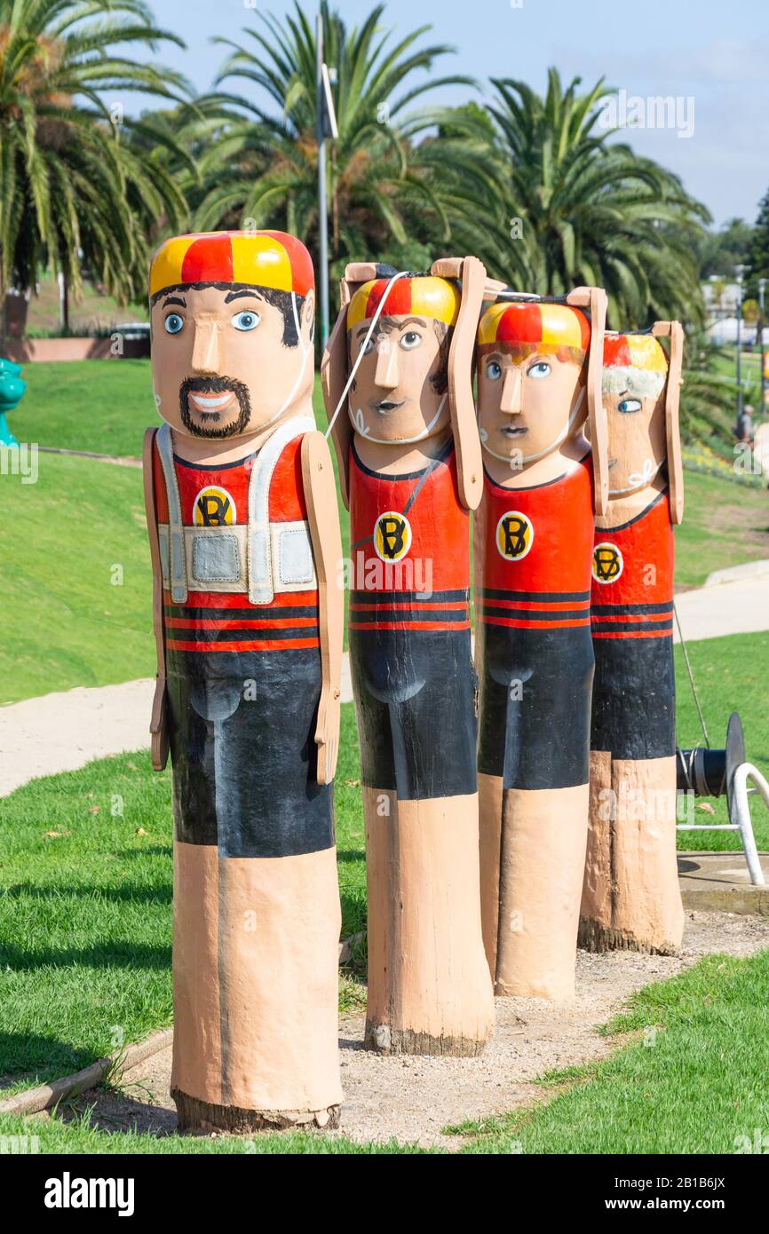 Lifesaver character bollards on harbour foreshore, Geelong, Grant County, Victoria, Australia Stock Photo