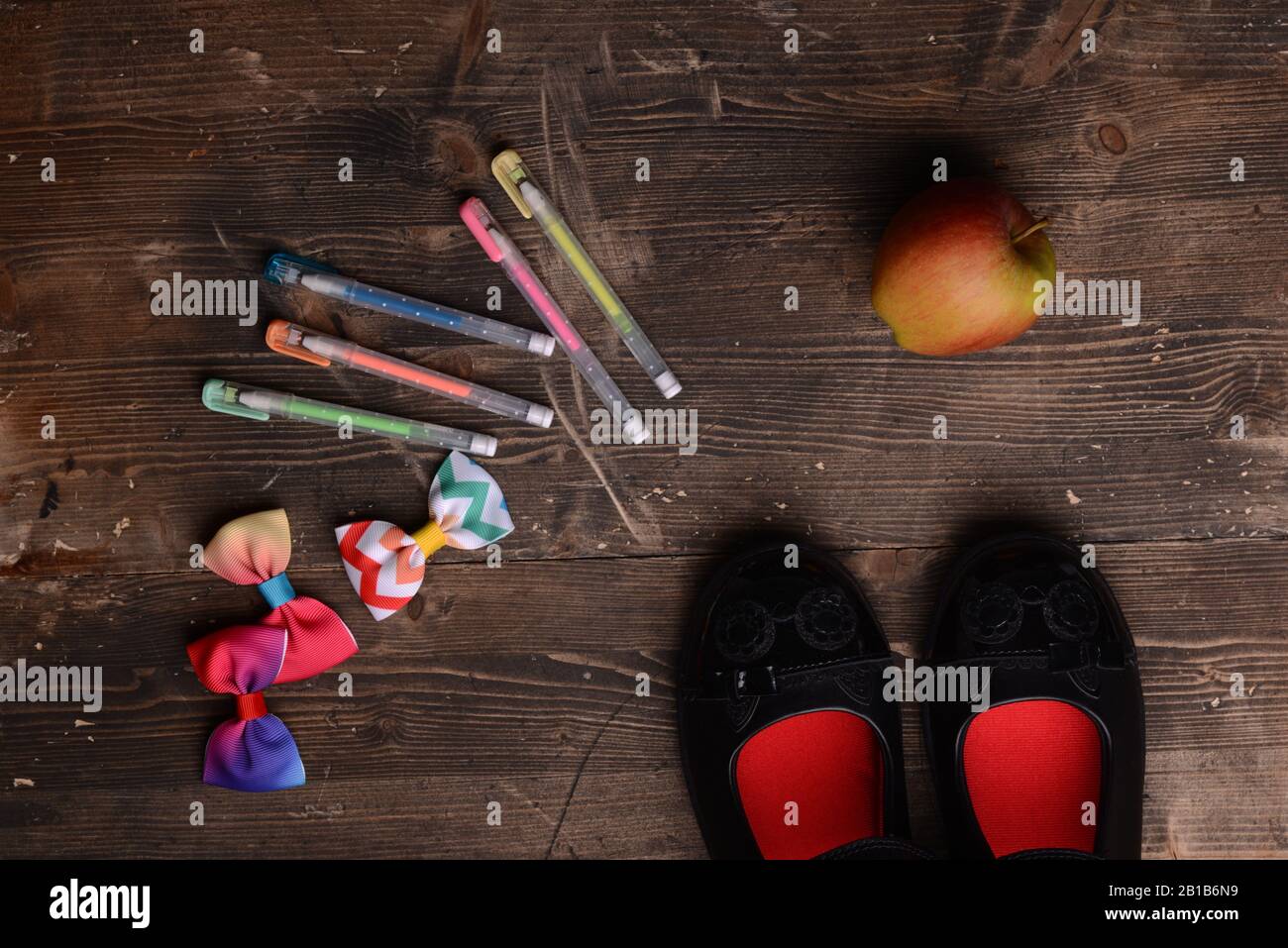 School related items in flat lay Stock Photo
