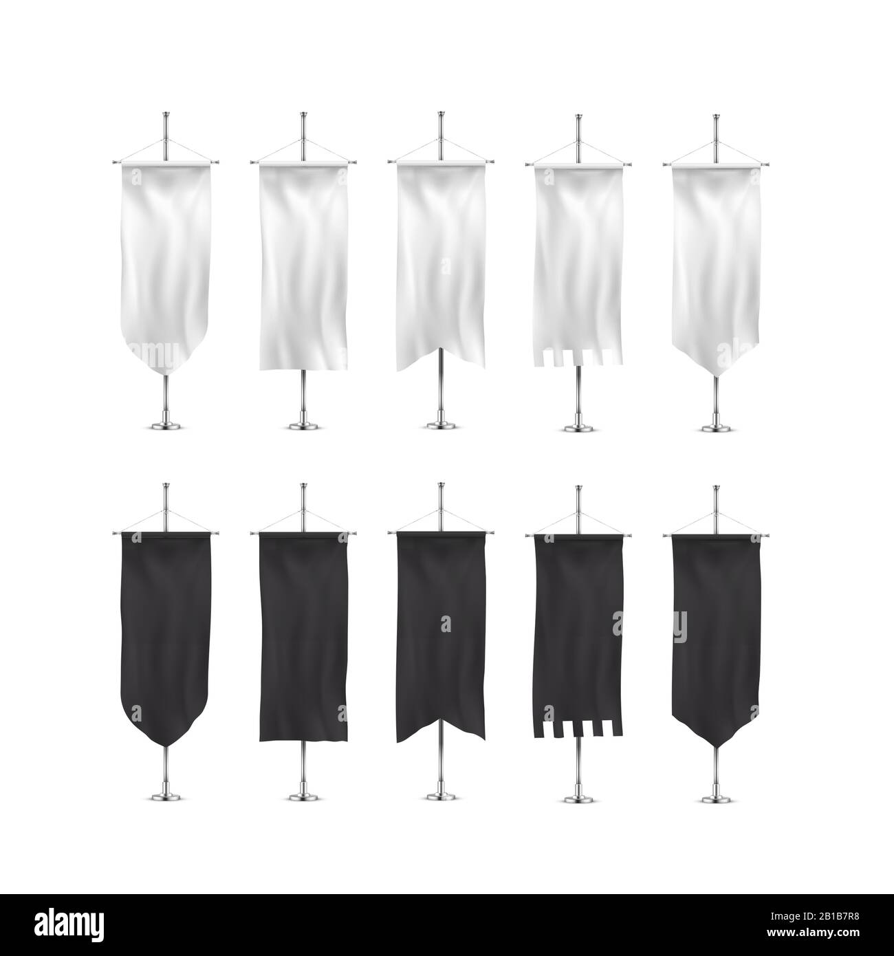 Vertical banners hanging on a metal flagpole white and black flags templates. Stock Vector