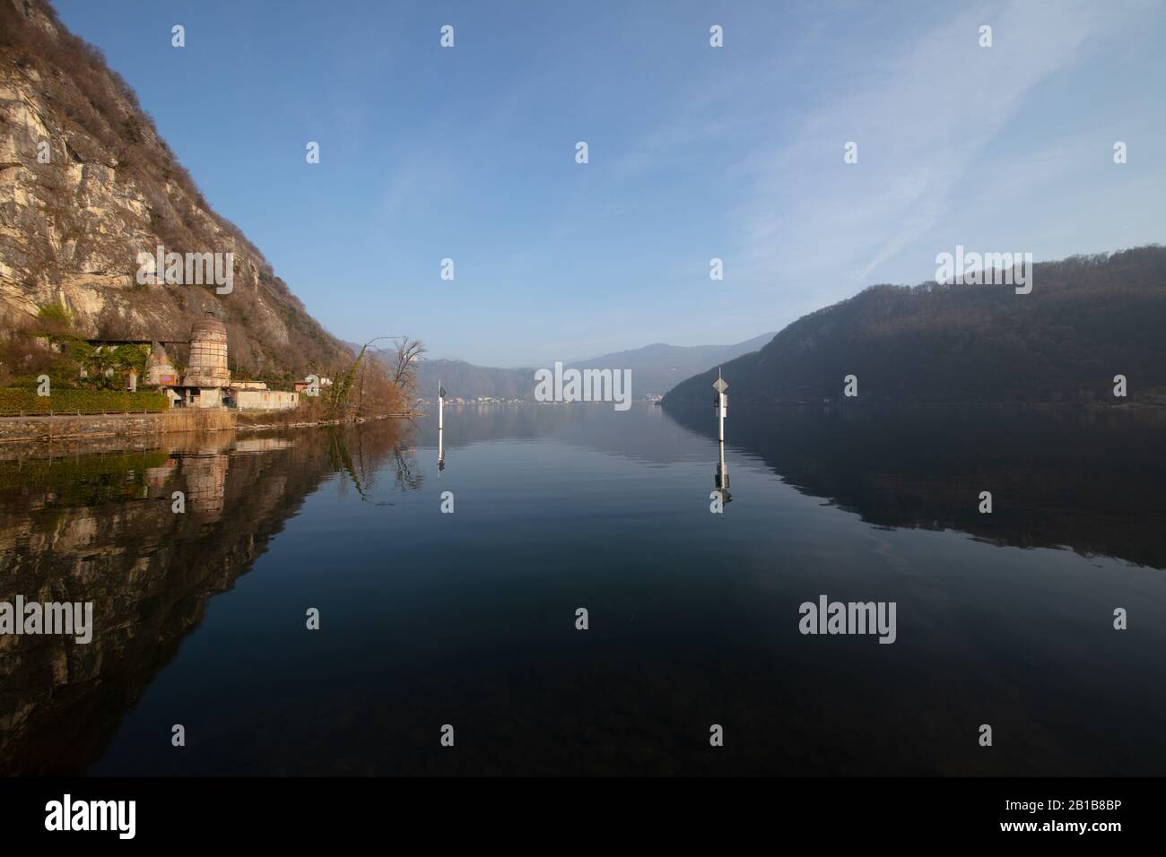 a beautiful picure of the characteristic 'the strait' of Lavena Ponte Tresa, Lake of Lugano, Italy Stock Photo