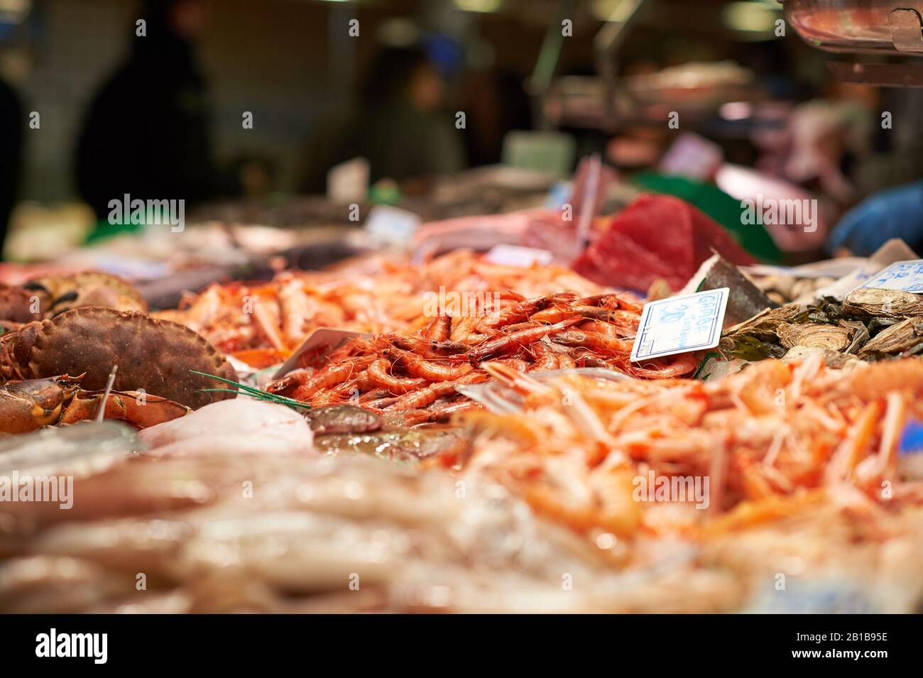 Seafood counter in Spanish food market Stock Photo Alamy