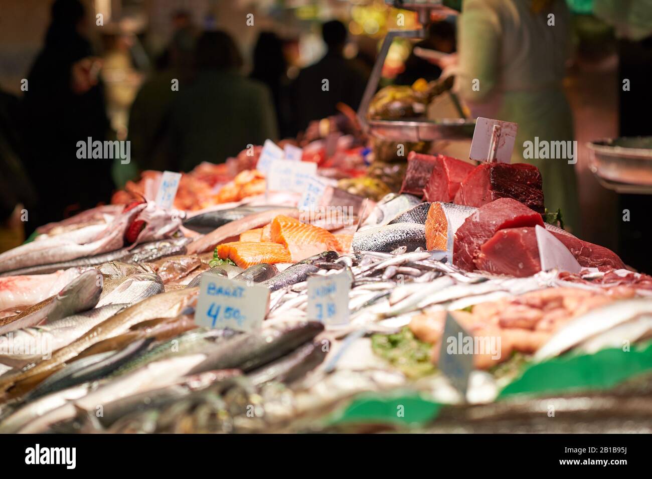 Seafood counter in Spanish food market Stock Photo Alamy