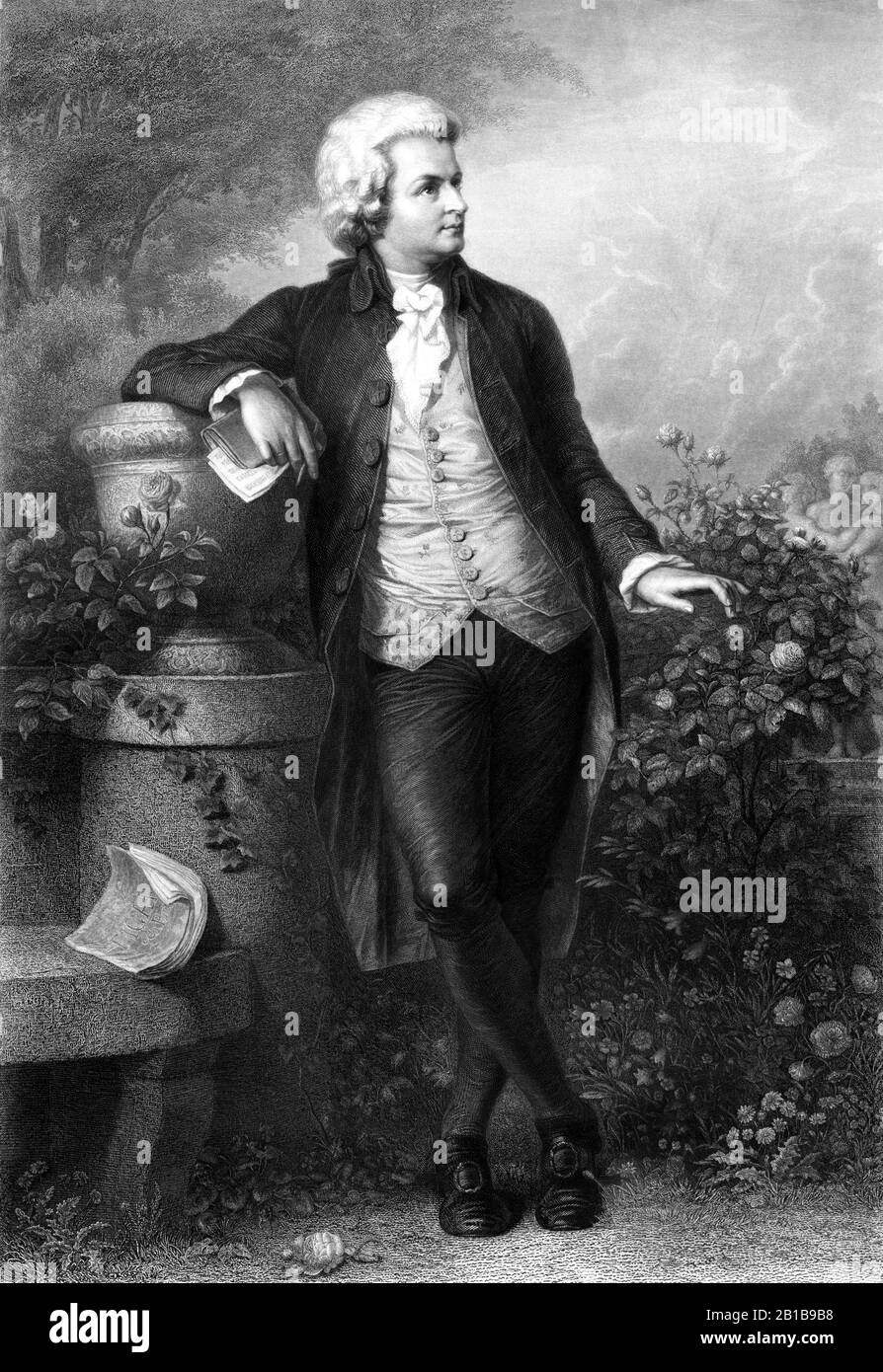 Vintage portrait of composer Wolfgang Amadeus Mozart (1756 – 1791). Undated print of an engraving by Paul Barfus, based on a work by Schworer. Stock Photo