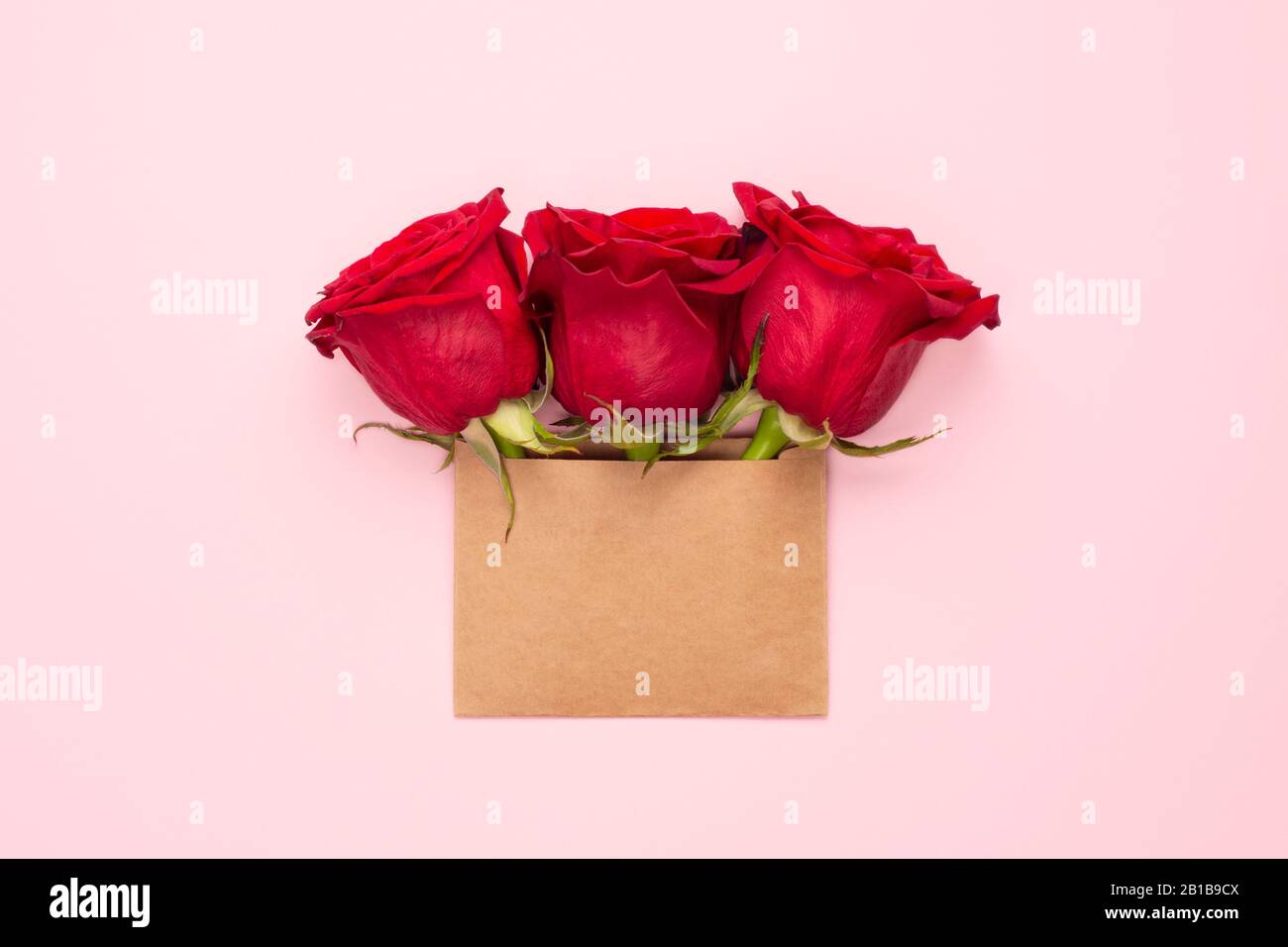 Three Bright Red Rose Flowers In Brown Craft Envelope With Copy