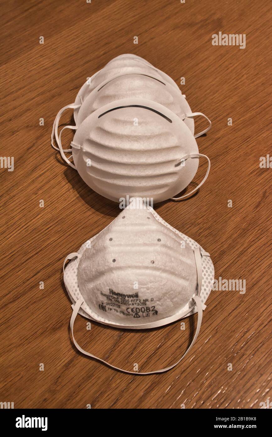 Milan, Italy, February 24, 2020: Different types of protective disposable face masks to prevent the infection of the 2019 Novel Coronavirus COVID-19 f Stock Photo