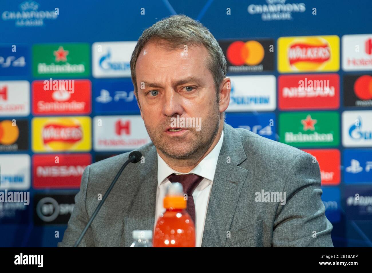 London, United Kingdom. 24 February 2020. Manager Hans-Dieter Flick speaks at a FC Bayern Munich pre-match press conference at Stamford Bridge ahead of their UEFA Champions League match against Chelsea FC on Tuesday 25th February 2020. Credit: Peter Manning/Alamy Live News Stock Photo