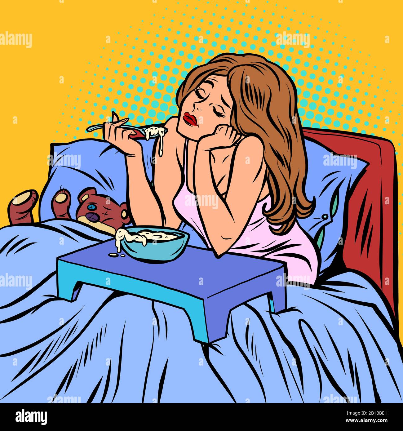 woman eating porridge. Breakfast in bed Stock Vector