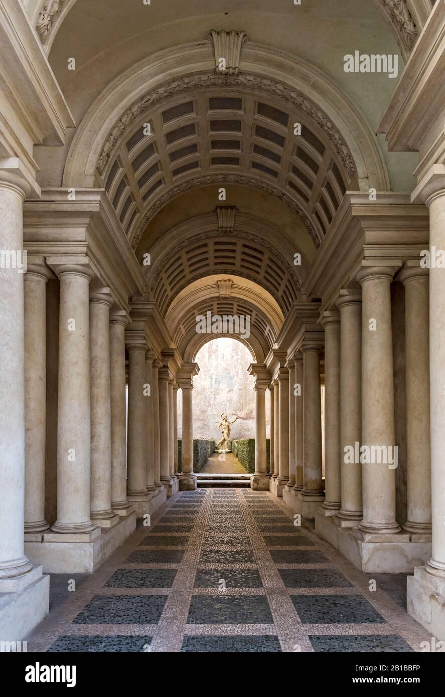 Forced perspective gallery by Francesco Borromini at Palazzo Spada, Rome, Italy Stock Photo