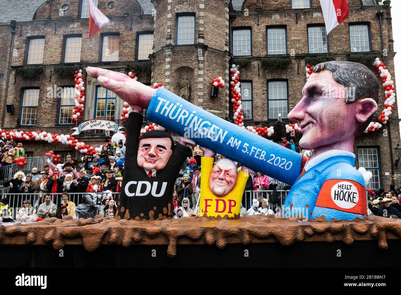 Dusseldorf, Germany. 24th Feb, 2020. Rosenmontag carnival parade in Dusseldorf, Germany. Float designed by German artist Jacques Tilly depicting right-wing politician Björn Höcke of the Afd party making a Sieg Heil gesture in relation to the state elections in Thuringia. Credit: Vibrant Pictures/Alamy Live News Stock Photo