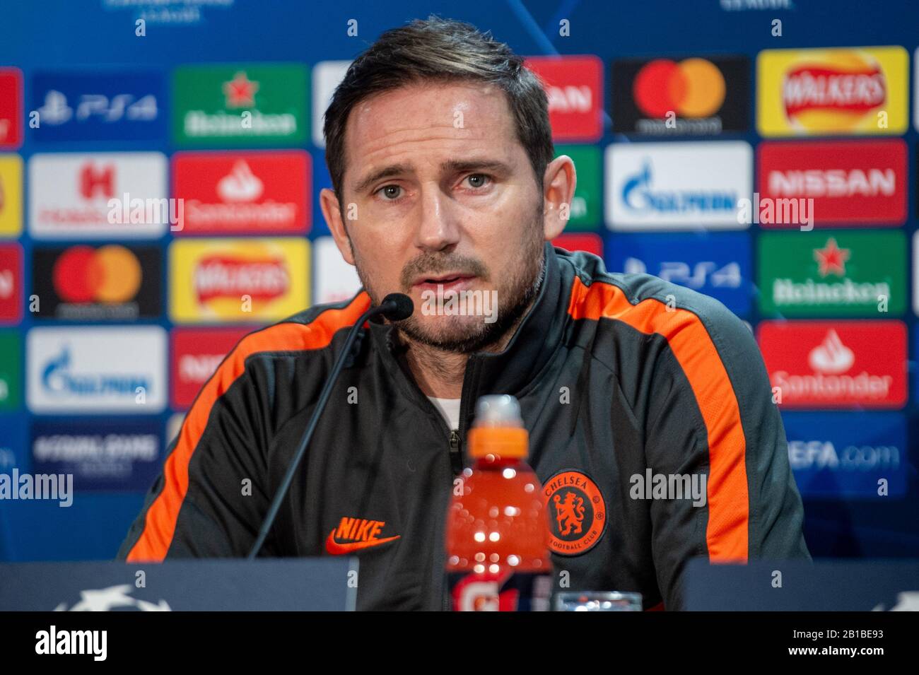 London, United Kingdom. 24 February 2020. Manager Frank Lampard speaks at a Chelsea FC pre-match press conference at Stamford Bridge ahead of their UEFA Champions League match against FC Bayern Munich on Wednesday 25th February 2020. Credit: Peter Manning/Alamy Live News Stock Photo