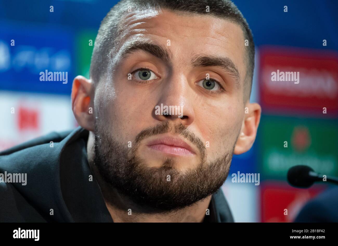 24 February 2020, Great Britain, London: Football: Champions League, Chelsea FC - FC Bayern Munich, knockout round, round of 16, first leg, Chelsea press conference at Stamford Bridge stadium. Mateo Kovacic from Chelsea is on the podium. Photo: Sven Hoppe/dpa Stock Photo