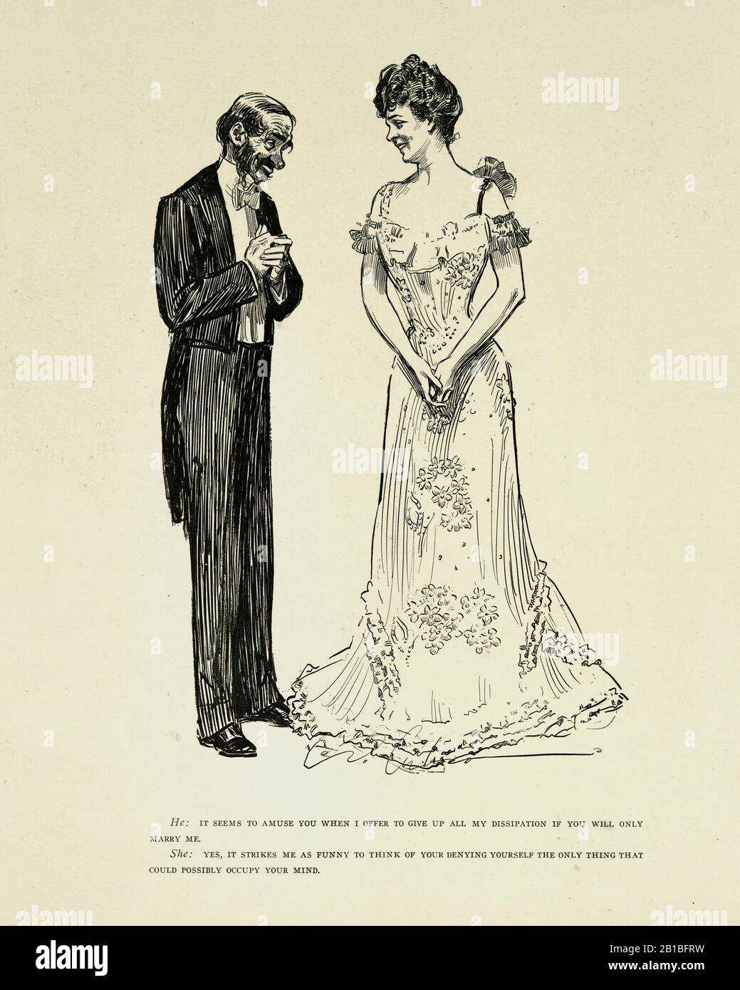 Beauty woman laughting at and rejecting an ugly man. A Widow And Her Friends, Charles Dana Gibson. He: It seems to amuse you when i offer to give up all my dissipation if you will only marry me.  She: Yes, it strikes me as funny to think of your denying yourself the only thing that could possibly occupy your mind. Stock Photo