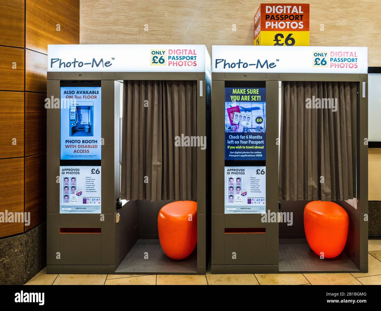 Photo-Me Booths in a shopping centre. Photo Me automatic photo booth. Stock Photo