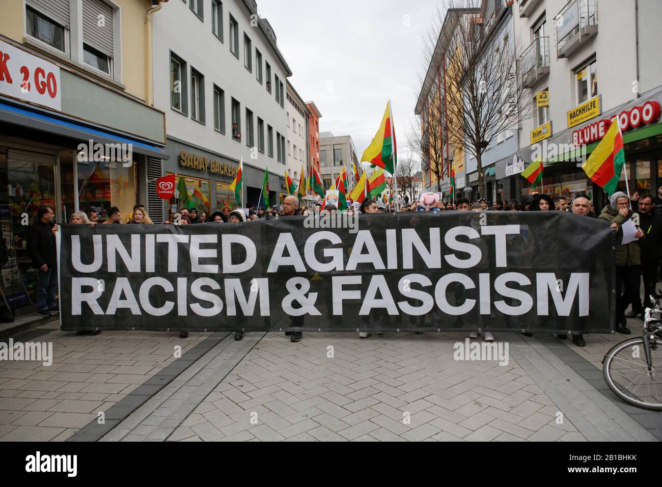 2/22/2020) Protesters hold a banner that reads 'United against Racism and Fascism'. Several thousand