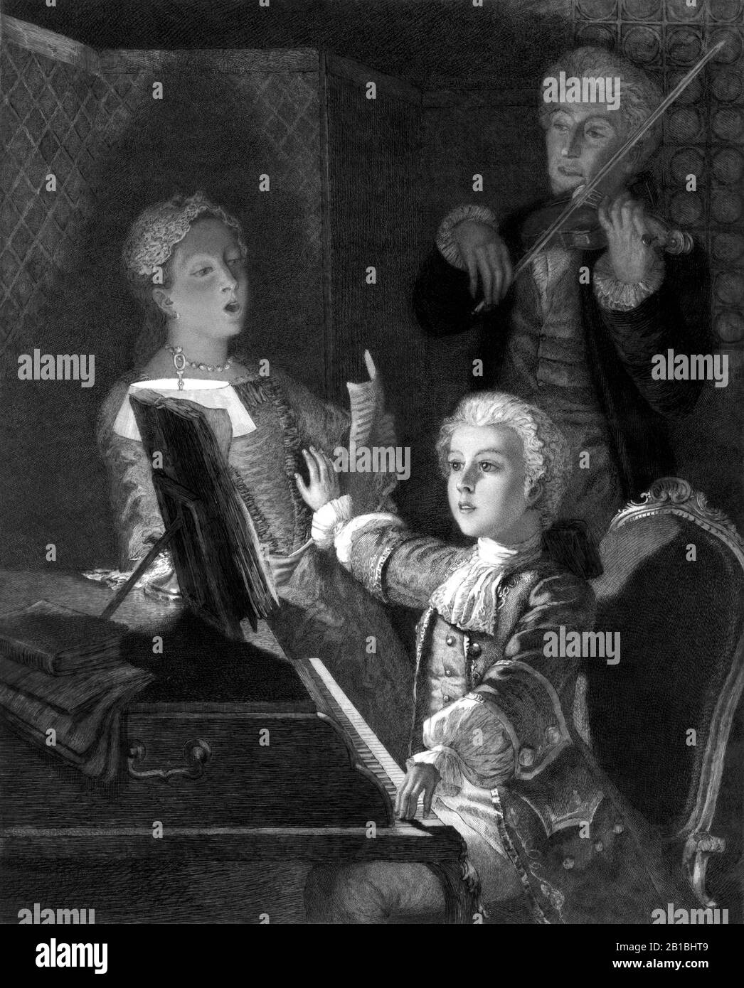 Vintage print depicting composer Wolfgang Amadeus Mozart (1756 – 1791) as a child rehearsing his XIIth mass. Etching by V Focillon from a painting by J Scherrer, published circa 1897 by C Klackner of New York. Stock Photo