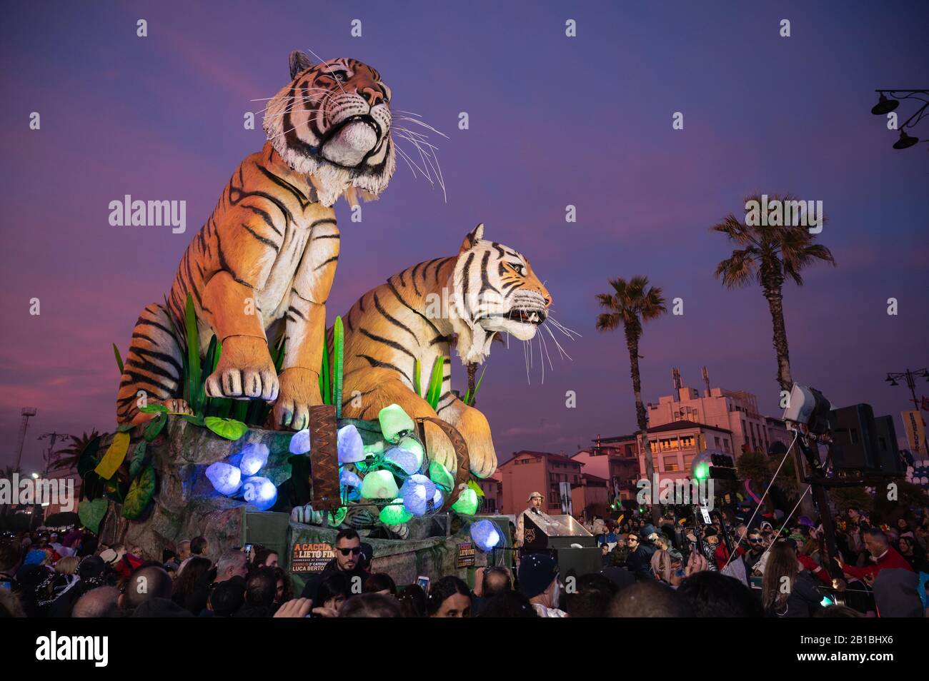 Parade of the Viareggio carnival on the waterfront of the city of Ciareggio (Lucca), Italy on Feb 23. 2020, the large papier-mâché floats represent famous politicians and sportsmen. (Photo by Stefano Dalle Luche / Pacific Press/Sipa USA) Stock Photo