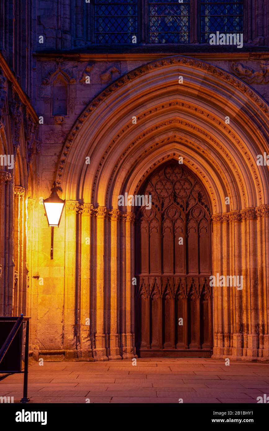 The central tower of York Minster illuminated at night. The lights