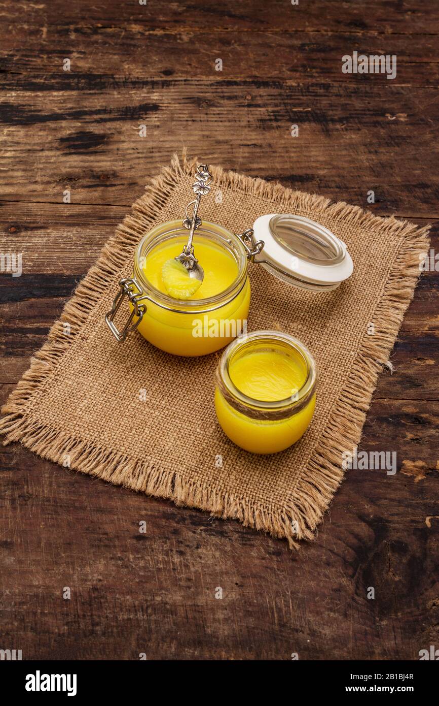 Pure or desi ghee (ghi), clarified melted butter. Healthy fats