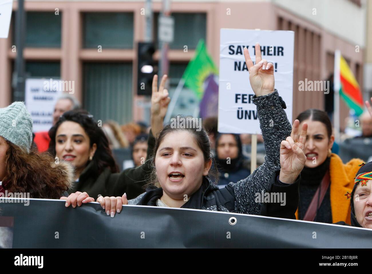 (2/22/2020) A protester is making a victory sign. Several thousand people marched through Hanau three days after the Hanau Shootings, to remember the victims and to protest against the rise in fascism and racism in Germany. (Photo by Michael Debets/Pacific Press/Sipa USA) Stock Photo
