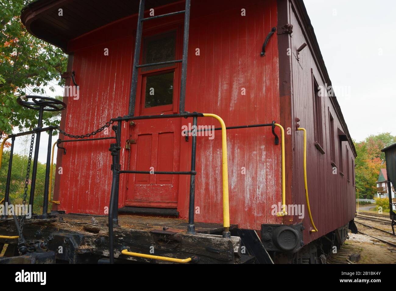 Rear view of a vintage red caboose on display in North Conway, New Hampshire, USA. Stock Photo