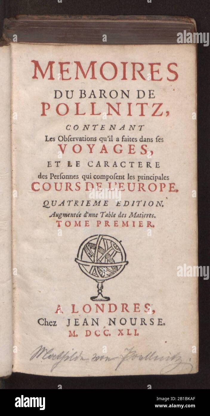 Frontespizio - Memoires du baron de Pollnitz, contenant les observations qu'il a faites dans ses voyages - BEIC 9000256. Stock Photo