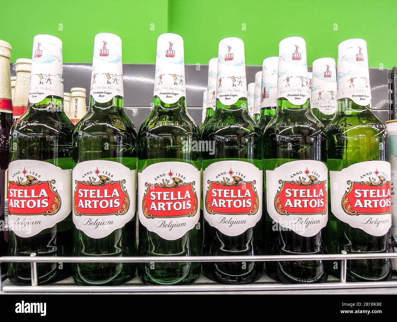 Samara, Russia - February 23, 2020: Stella Artois alcoholic beer ready for sale on the shelf in superstore. Various bottled alcoholic beverages and sp Stock Photo