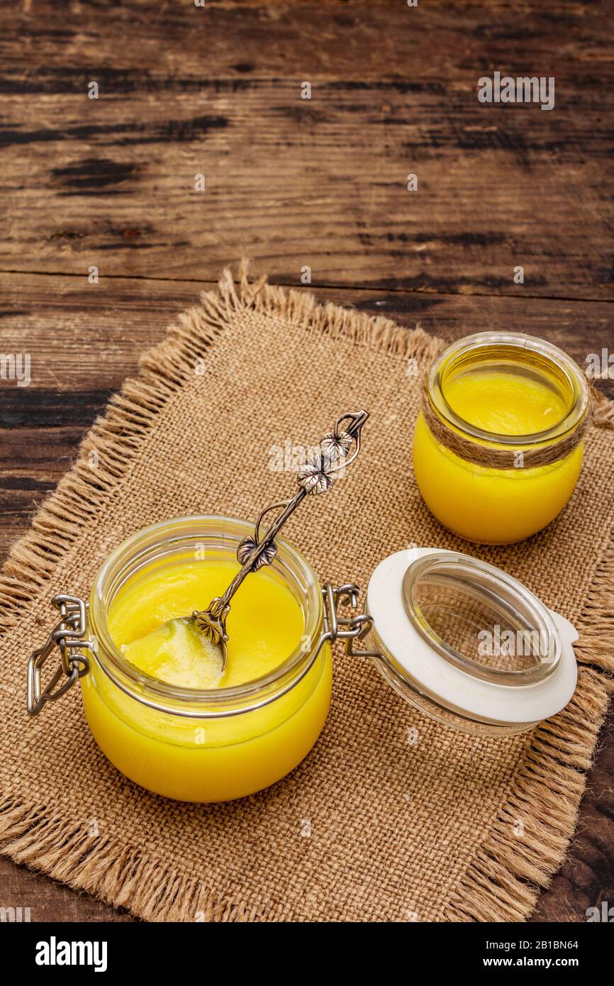 Pure or desi ghee (ghi), clarified melted butter. Healthy fats bulletproof diet concept or paleo