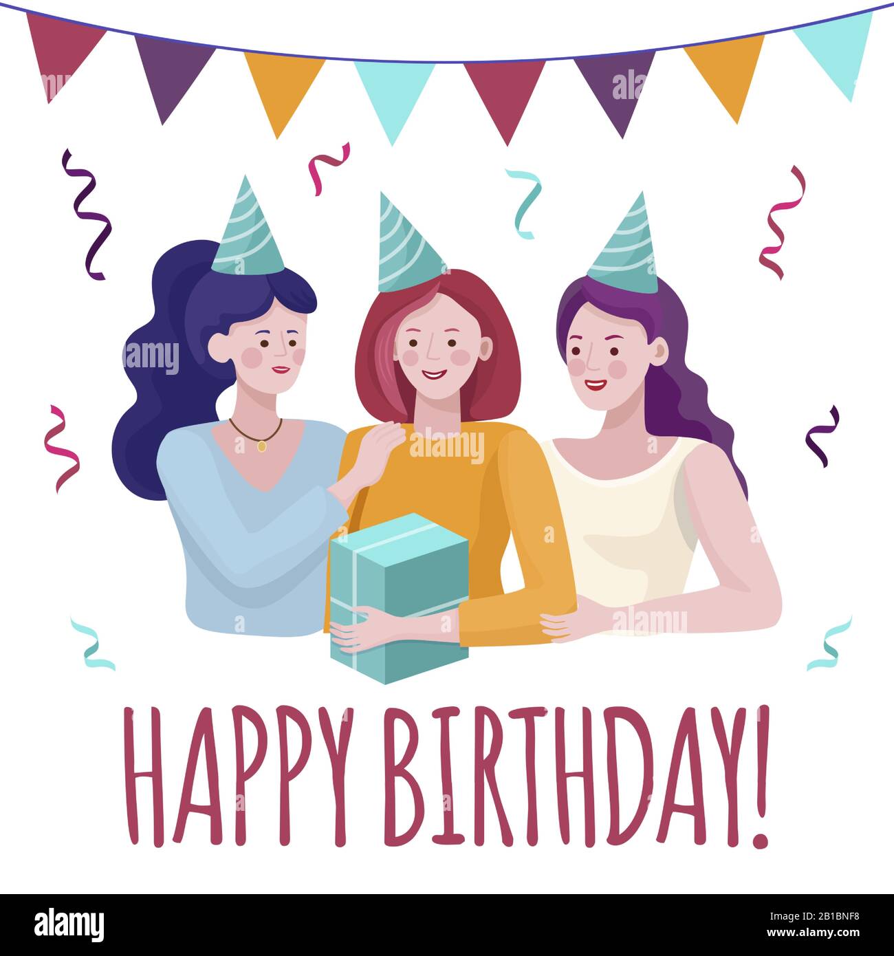 Happy birthday vector card concept with text space. Smiling girls giving present to a friend. Young women celebrating birthday, congratulating friend during party, offering gift flat illustration. Stock Vector