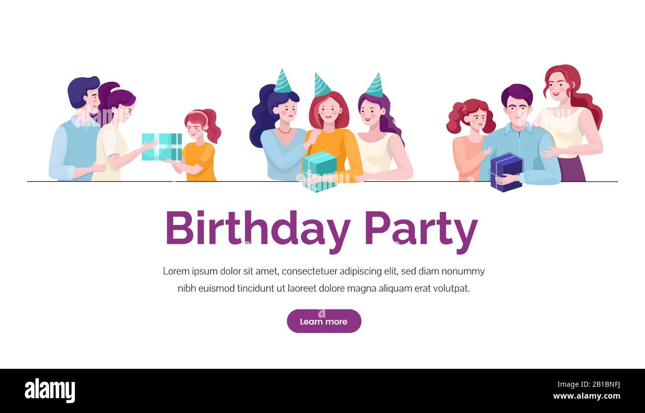 Birthday party vector banner template. Happy people giving presents to each other. Family, mom, dad and daughter, best friends illustration. Celebrating happy birthday flat landing page concept. Stock Vector