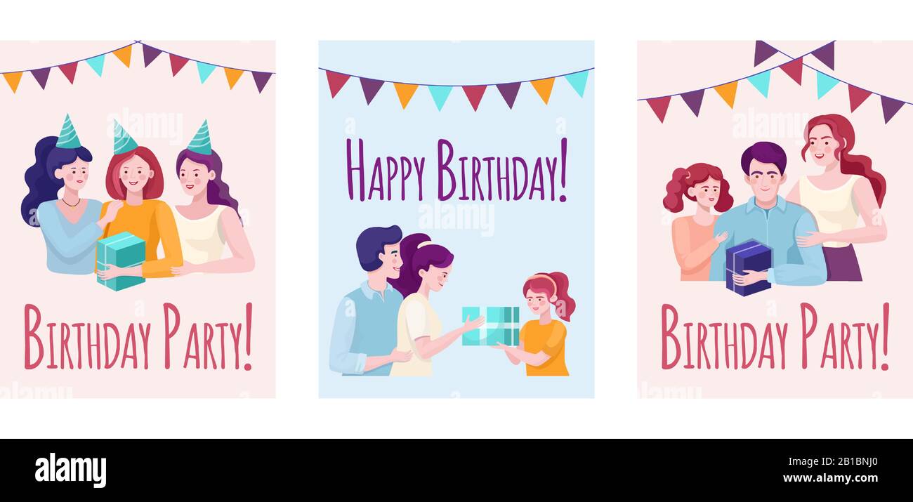 Set of happy birthday banner design templates. Parents giving present to daughter, smiling mother and daughter congratulating father, girls celebrating birthday vector flat illustration. Stock Vector