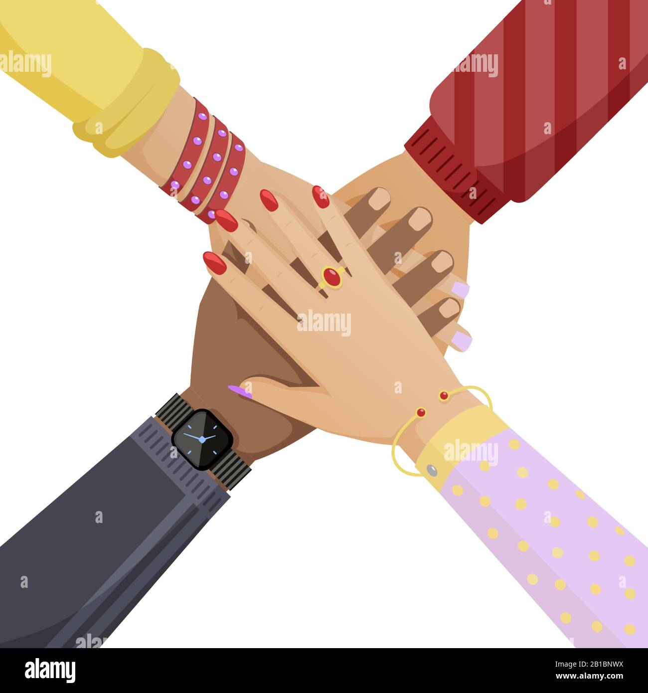 People hands with watches, rings and bracelets putting on each other. Women and men arms together flat vector illustration. Teamwork, social community, cooperation cartoon concept. Stock Vector