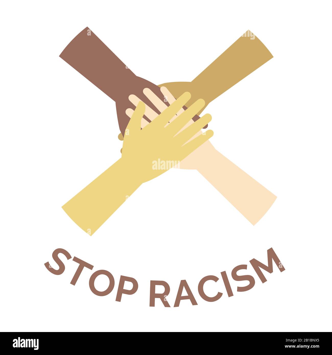 Stop racism vector banner concept. Hands of different skin color and diverse races people putting together cartoon illustration. Poster against racism and discrimination, all human beings are equal. Stock Vector