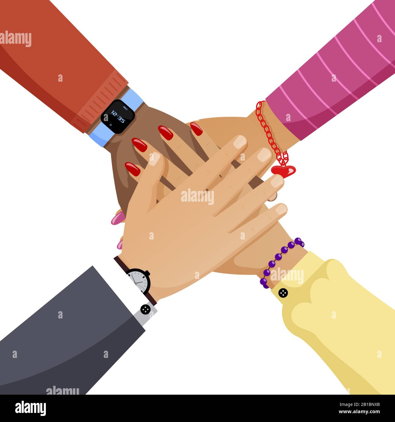 Group of people, women and men hands together flat vector illustration. Cooperation, partnership, teamwork cartoon concept. Different skin color hands with watches and bracelets. Stock Vector