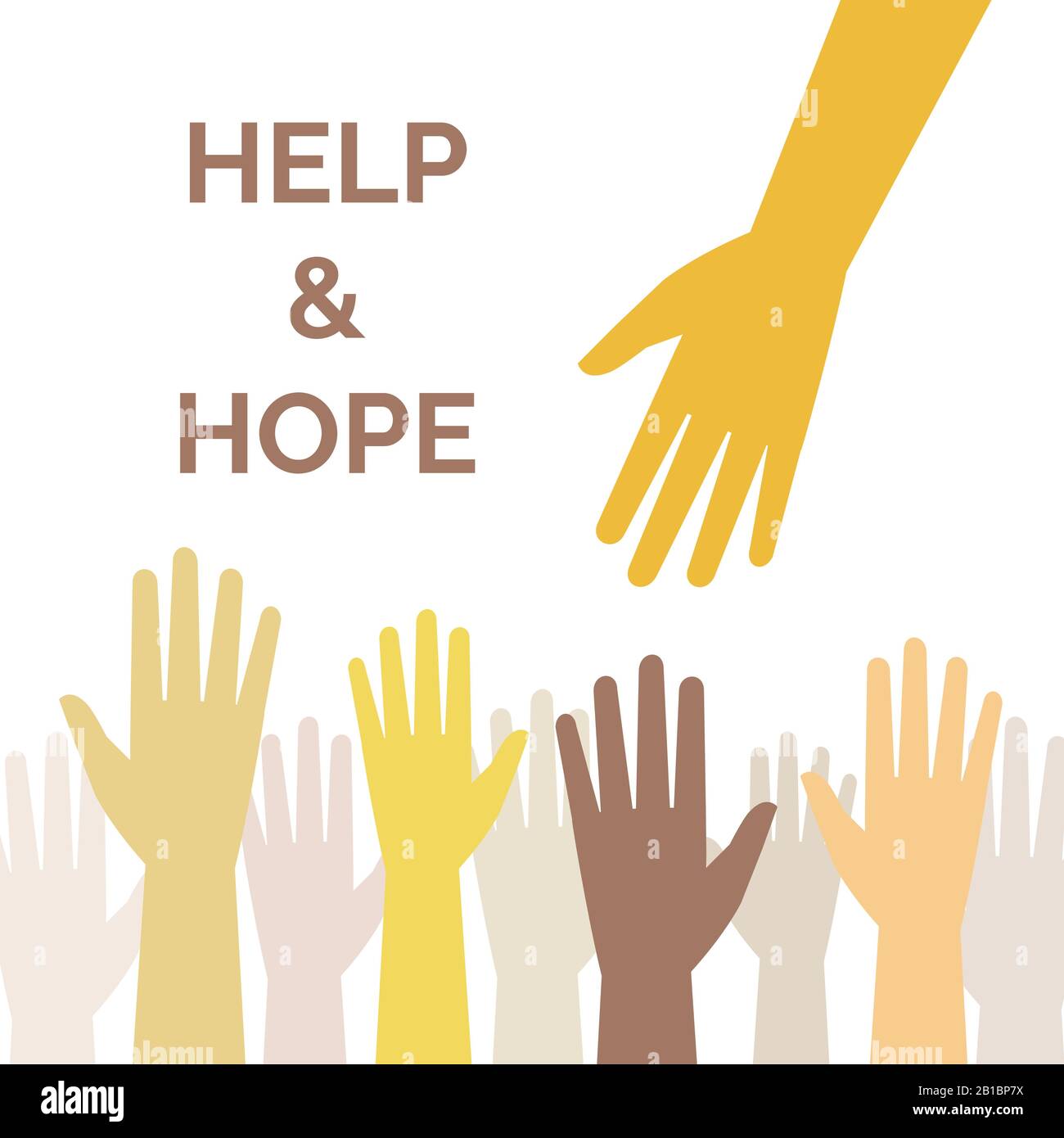 Help and hope vector banner template. Hands of different skin color people, women and man arms rising up flat illustration. Helping hand, support and togetherness flat concept with typography. Stock Vector